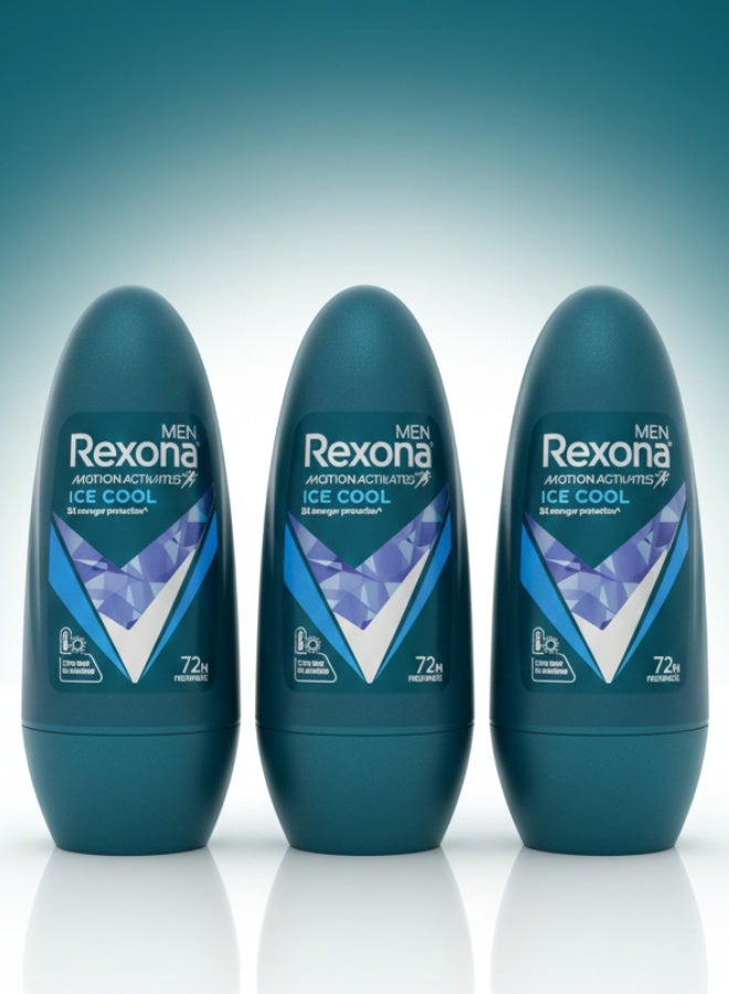 Rexona Men Pack of 3 Motion Activated Ice Cool 45 ml Long Lasting Freshness Sweat Protection Deodorant Roll On - Image 1