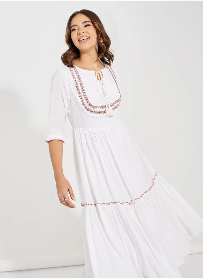 Styli Embroidered Panel Tie-Up Neck Midi Dress