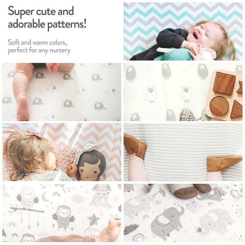 Cuddly Cubs Pack n Play Sheets | 2 Pack Playard Sheet for Baby Girl and Boy | Pure Jersey Cotton Unisex Mini Portable Crib Sheets | Sheep and Stripe in Grey | Compatible with Graco Pack and Play - Image 5