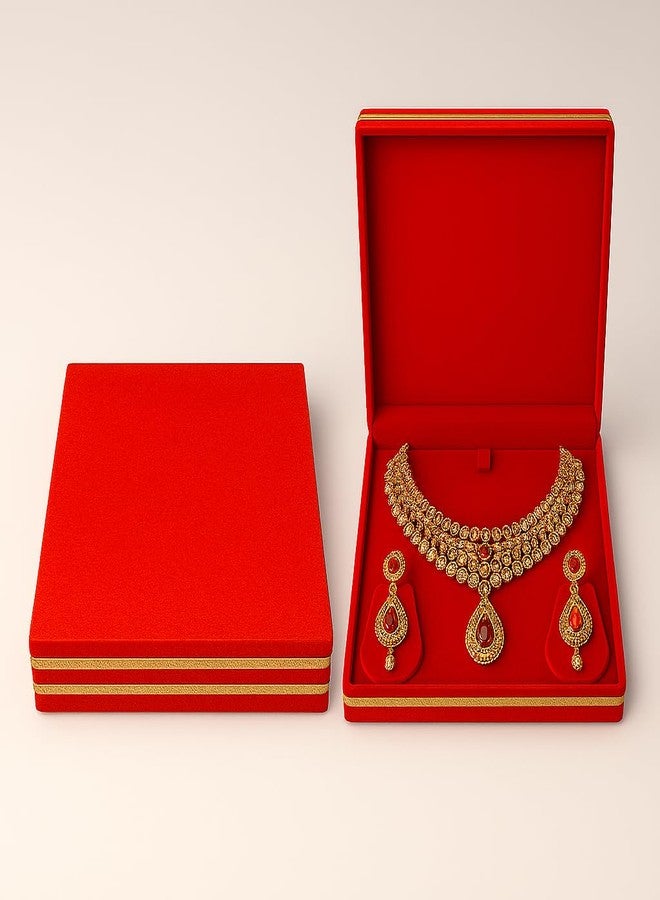 Lushure Red Velvet Necklace Set Box – Necklace Set Gift Case with Metal Lining – Necklace Storage Box for Wedding, Festive & Auspicious Gifting (20×18×4 cm, 360g) - Image 1