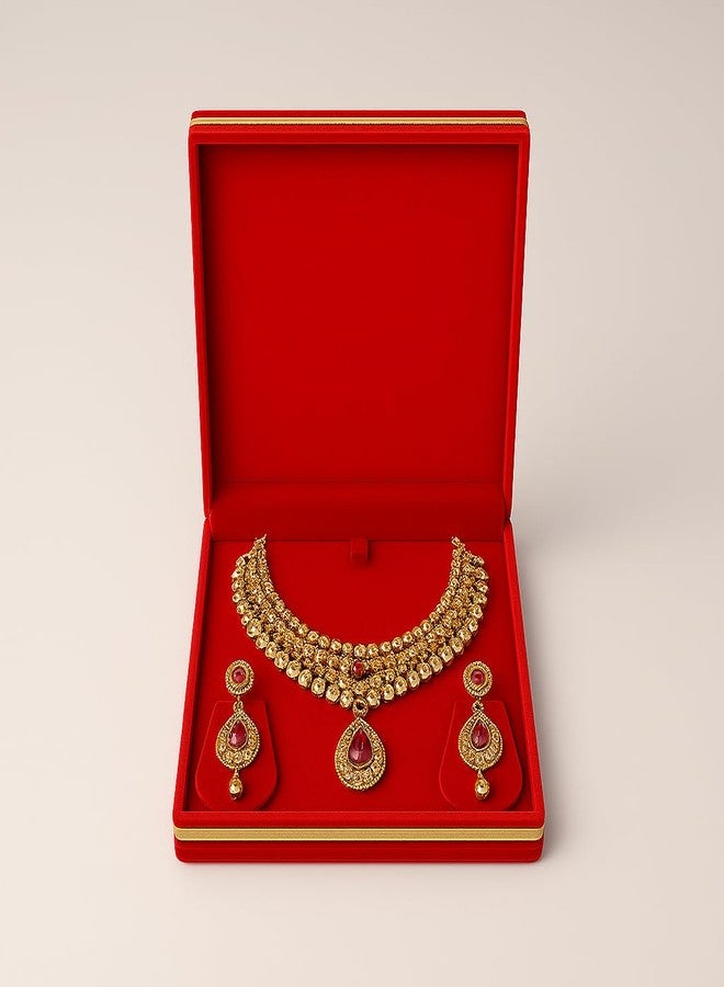 Lushure Red Velvet Necklace Set Box – Necklace Set Gift Case with Metal Lining – Necklace Storage Box for Wedding, Festive & Auspicious Gifting (20×18×4 cm, 360g) - Image 4
