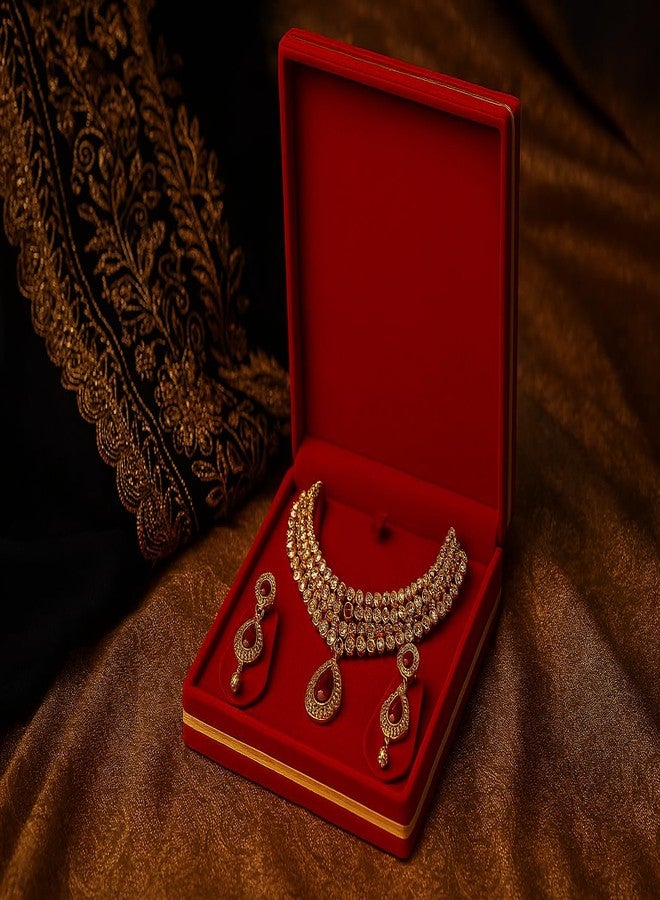 Lushure Red Velvet Necklace Set Box – Necklace Set Gift Case with Metal Lining – Necklace Storage Box for Wedding, Festive & Auspicious Gifting (20×18×4 cm, 360g) - Image 3