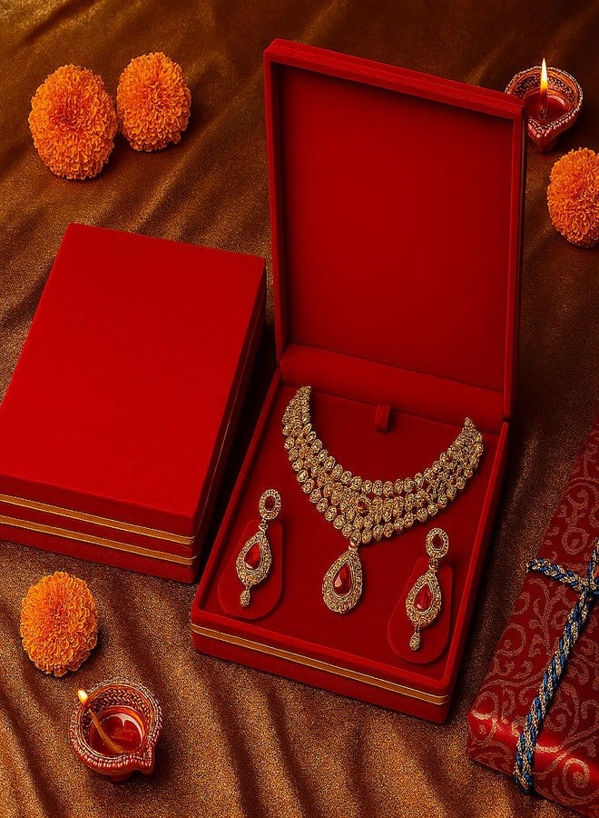 Lushure Red Velvet Necklace Set Box – Necklace Set Gift Case with Metal Lining – Necklace Storage Box for Wedding, Festive & Auspicious Gifting (20×18×4 cm, 360g) - Image 5