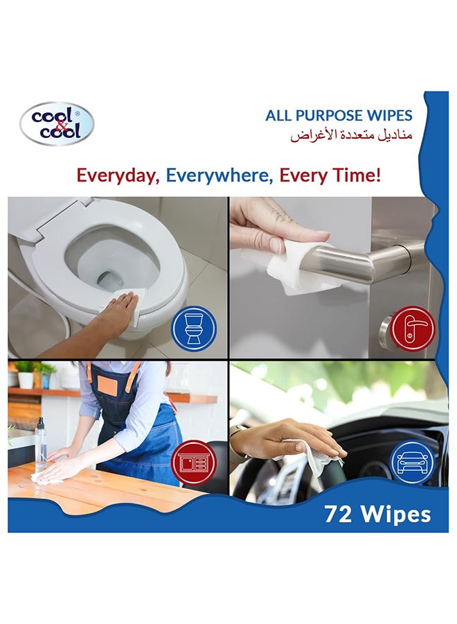 Cool & Cool All Purpose Wipes 72's - Cleanses & Protects,Kills 99.9% Germs, Disinfectant, Stain Removal & Travel Friendly - Image 3