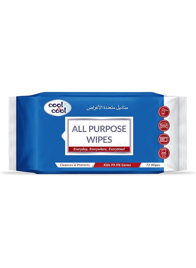 Cool & Cool All Purpose Wipes 72's - Cleanses & Protects,Kills 99.9% Germs, Disinfectant, Stain Removal & Travel Friendly - Image 1