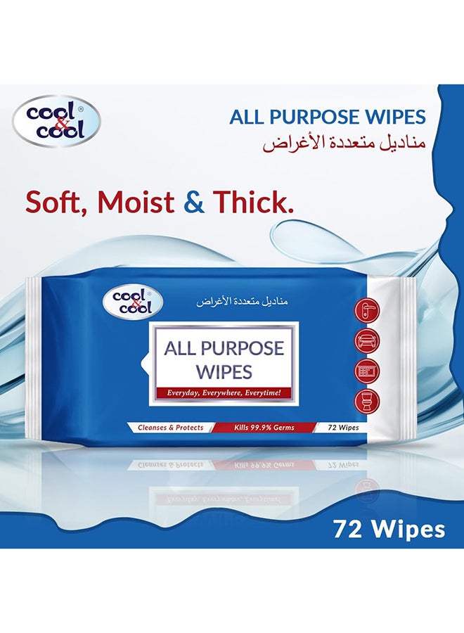 Cool & Cool All Purpose Wipes 72's - Cleanses & Protects,Kills 99.9% Germs, Disinfectant, Stain Removal & Travel Friendly - Image 2