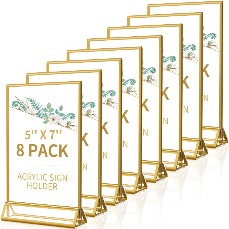 Smarpau Acrylic Gold Sign Holder 5x7 Table Number Holders DoubleSided Display Stand Picture Frames Menu Holder Flyer Stands Photo Holders for Wedding Tables Display8Pcs