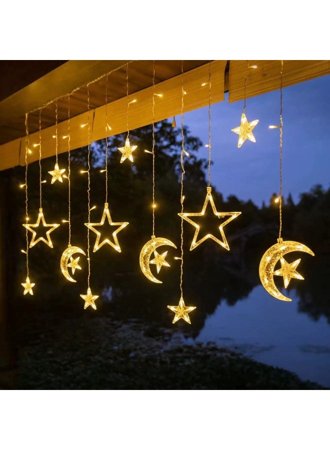 Decorative Starry String Curtain Ramadan Lights Moons and Stars LED Night Light for Ramadan Home Decoration Party, USB Powered (Warm White) With 8 Modes Setting - Image 1