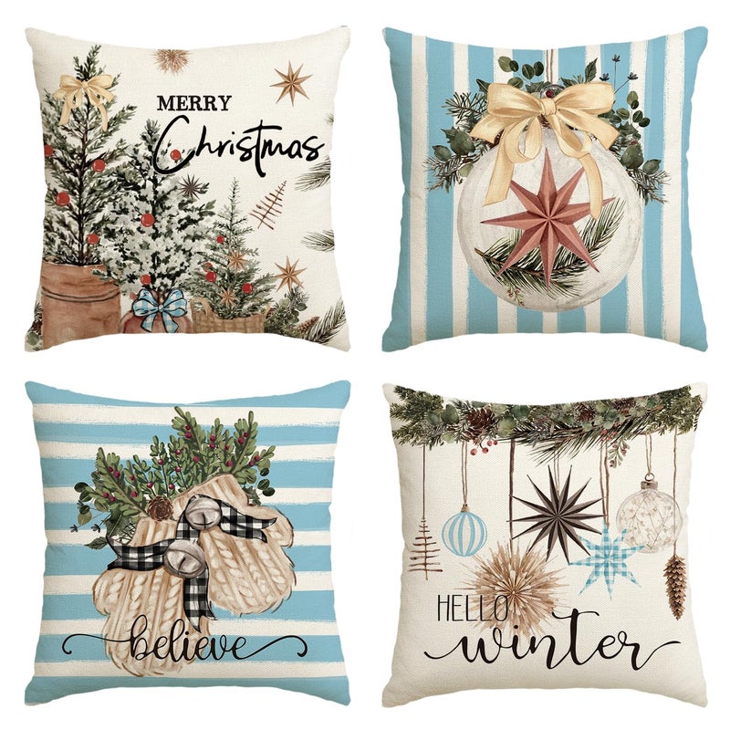 AVOIN colorlife AVOIN colorlife Merry Christmas Balls Eucalyptus Holly Berries Gloves Throw Pillow Covers  18 x 18 Inch Xmas Winter Holiday Blue Stripes Cushion Case Decoration for Sofa Couch Set of 4  - Image 1