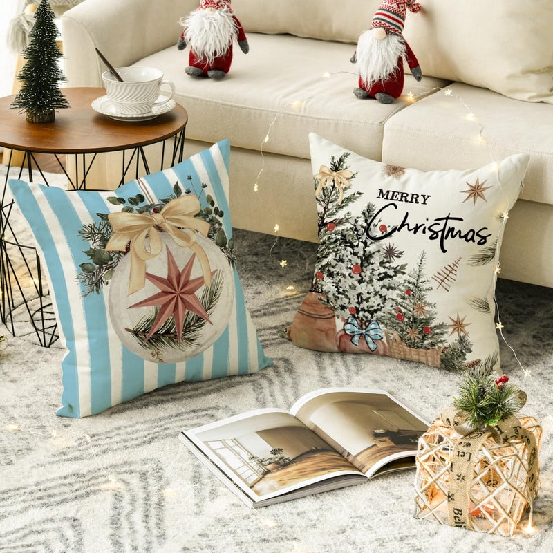 AVOIN colorlife AVOIN colorlife Merry Christmas Balls Eucalyptus Holly Berries Gloves Throw Pillow Covers  18 x 18 Inch Xmas Winter Holiday Blue Stripes Cushion Case Decoration for Sofa Couch Set of 4  - Image 4