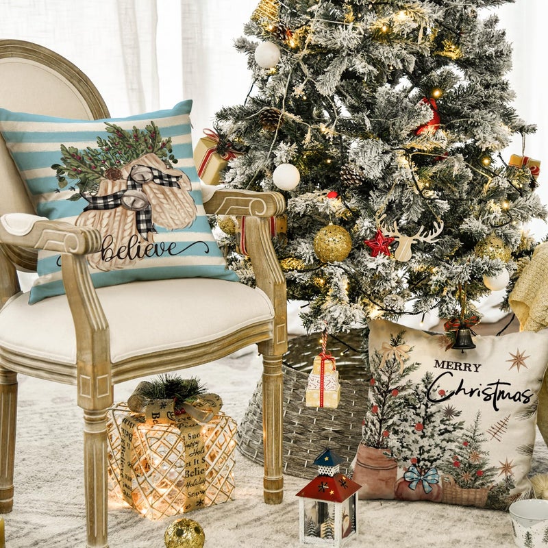 AVOIN colorlife AVOIN colorlife Merry Christmas Balls Eucalyptus Holly Berries Gloves Throw Pillow Covers  18 x 18 Inch Xmas Winter Holiday Blue Stripes Cushion Case Decoration for Sofa Couch Set of 4  - Image 3