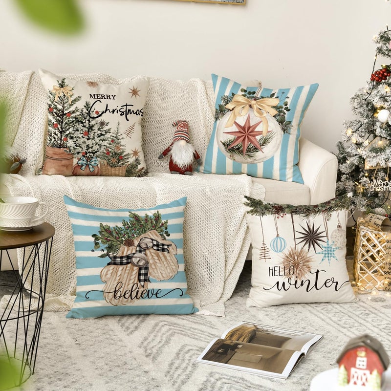 AVOIN colorlife AVOIN colorlife Merry Christmas Balls Eucalyptus Holly Berries Gloves Throw Pillow Covers  18 x 18 Inch Xmas Winter Holiday Blue Stripes Cushion Case Decoration for Sofa Couch Set of 4  - Image 2
