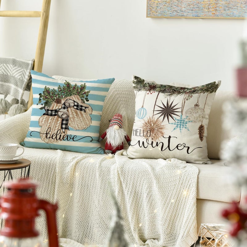 AVOIN colorlife AVOIN colorlife Merry Christmas Balls Eucalyptus Holly Berries Gloves Throw Pillow Covers  18 x 18 Inch Xmas Winter Holiday Blue Stripes Cushion Case Decoration for Sofa Couch Set of 4  - Image 5