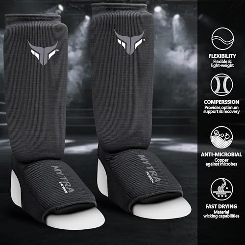 Mytra Fusion Kids Kickboxing Shin Guards Elasticated Shin Instep Protector Shin Guards MMA, Training, Sparring, Muay Thai shin Guards (Black, XXS) - Image 4