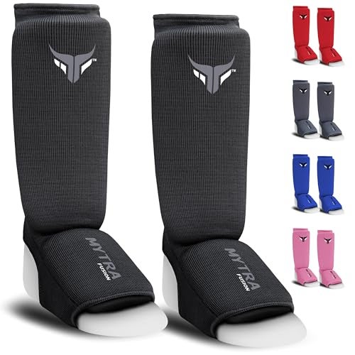 Mytra Fusion Kids Kickboxing Shin Guards Elasticated Shin Instep Protector Shin Guards MMA, Training, Sparring, Muay Thai shin Guards (Black, XXS) - Image 1