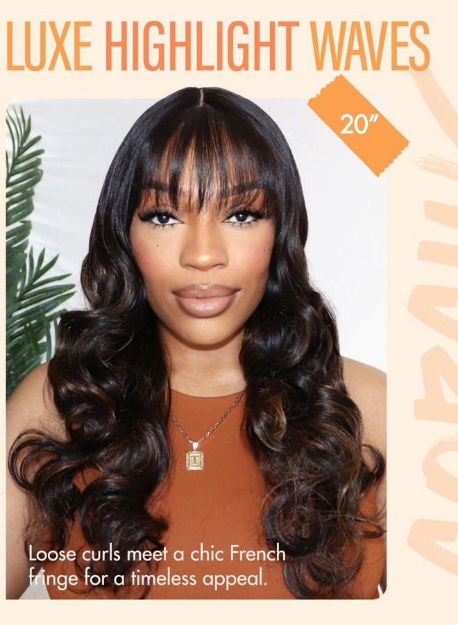 GORGIUS Glueless Wavy Wig with Bangs Highlight Brown Synthetic Curtain Bang Wig with Realistic Scalp 22 Inch - Image 2