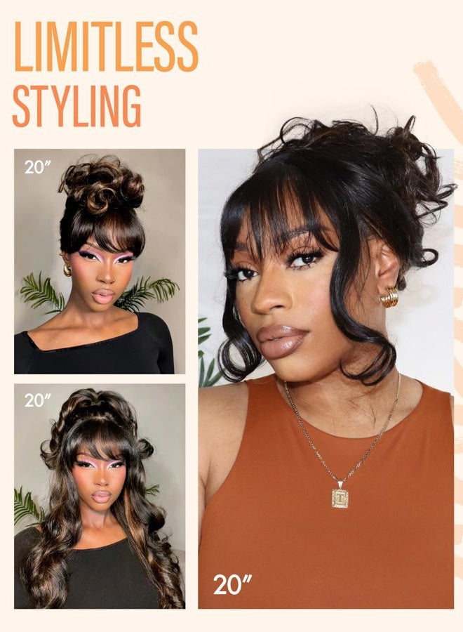 GORGIUS Glueless Wavy Wig with Bangs Highlight Brown Synthetic Curtain Bang Wig with Realistic Scalp 22 Inch - Image 5