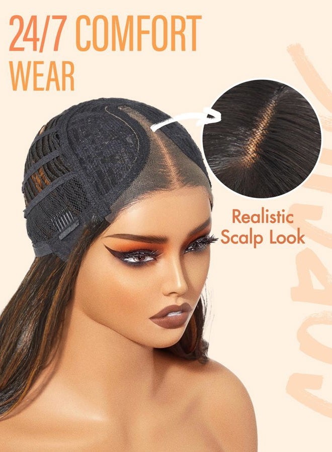 GORGIUS Glueless Wavy Wig with Bangs Highlight Brown Synthetic Curtain Bang Wig with Realistic Scalp 22 Inch - Image 3