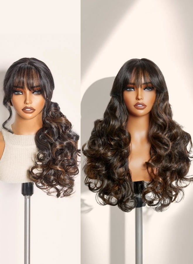 GORGIUS Glueless Wavy Wig with Bangs Highlight Brown Synthetic Curtain Bang Wig with Realistic Scalp 22 Inch - Image 1