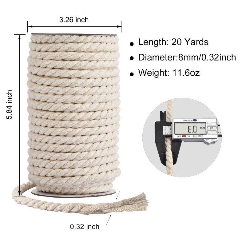 Hdviai Cotton Cord 8mm x 20 Yards - Natural Unbleached Macrame Rope - 3 Strand Twisted Cotton Rope for Wall Hangingï¼ŒDIY Craft Makingï¼ŒPlant Hangersï¼ŒKnotting Decorative Projects (White) - Image 2