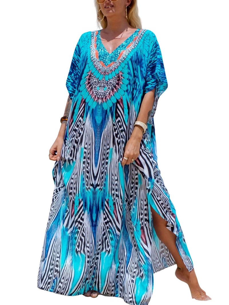IMAGEKOPE Women's Plus Size Moroccan Print V-Neck Batwing Kaftan Loose Fit Beach Dress Bathing Suit Cover Up - Image 1