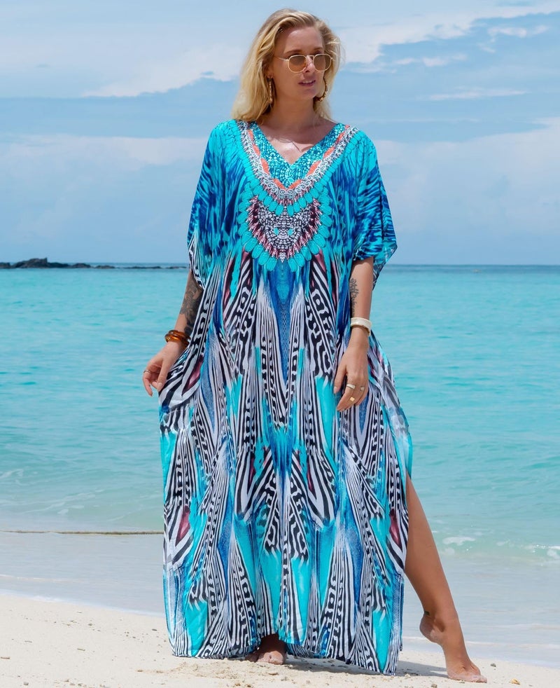 IMAGEKOPE Women's Plus Size Moroccan Print V-Neck Batwing Kaftan Loose Fit Beach Dress Bathing Suit Cover Up - Image 2