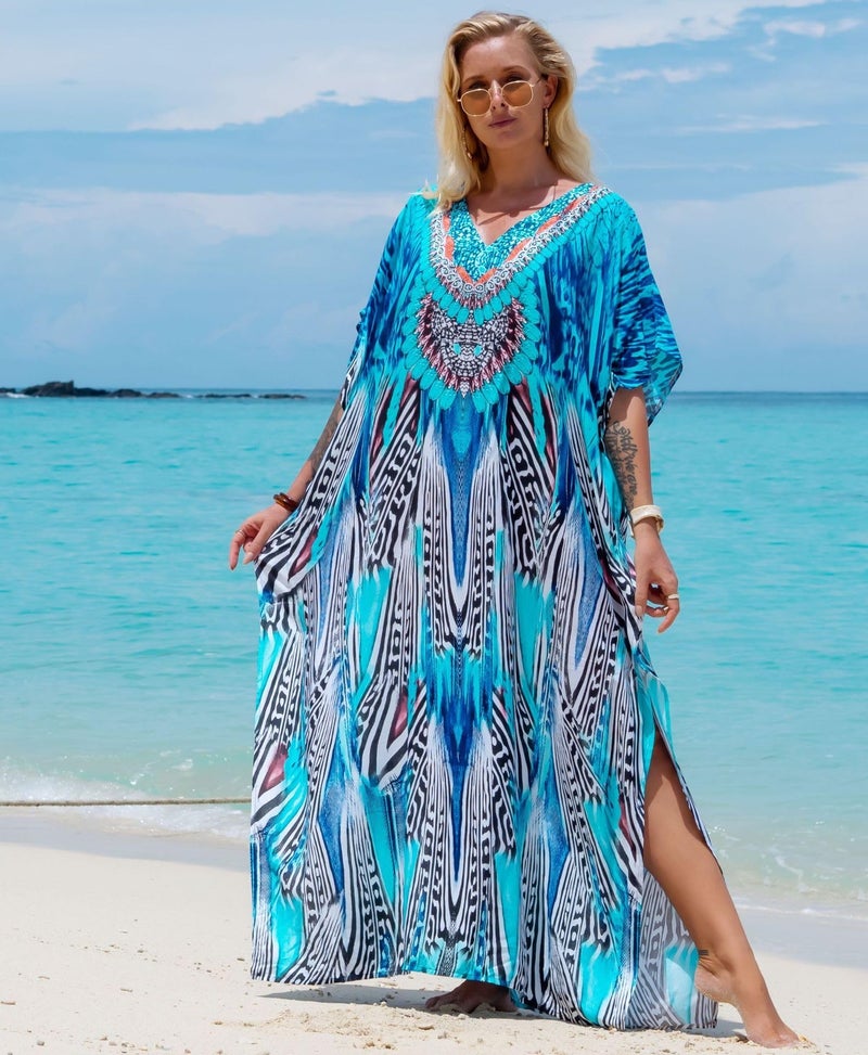IMAGEKOPE Women's Plus Size Moroccan Print V-Neck Batwing Kaftan Loose Fit Beach Dress Bathing Suit Cover Up - Image 5