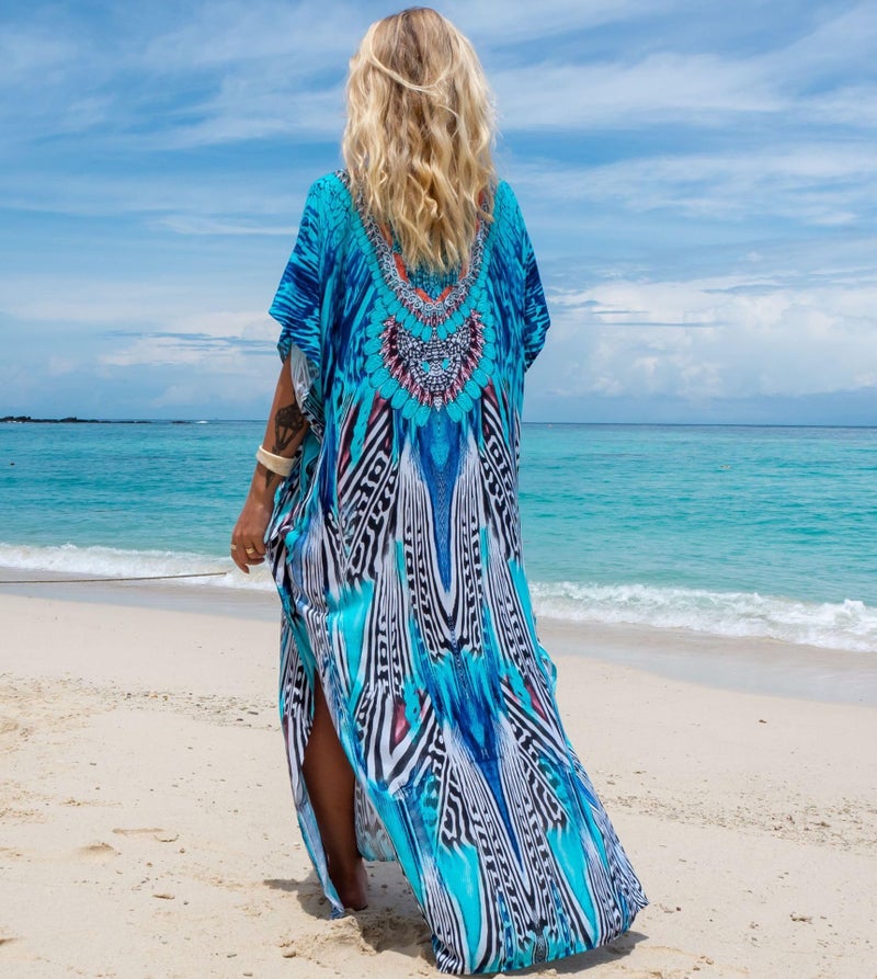IMAGEKOPE Women's Plus Size Moroccan Print V-Neck Batwing Kaftan Loose Fit Beach Dress Bathing Suit Cover Up - Image 4