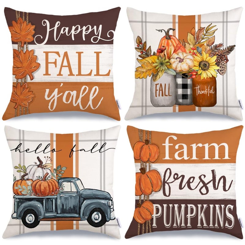 GEEORY GEEORY Fall Pillow Covers 18 x 18 Inch Set of 4  Happy Fall Y'all Stripes Pumpkins Mason Jar Thankful Decor  Cushion Cases for Farmhouse Home Party Sofa Couch (Brown) G355-18 - Image 1