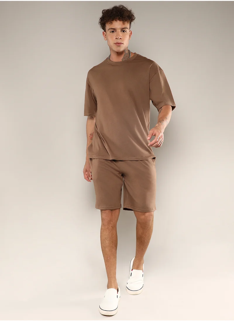 Campus Sutra Men's Ash Brown Solid Oversized Co-Ord Set