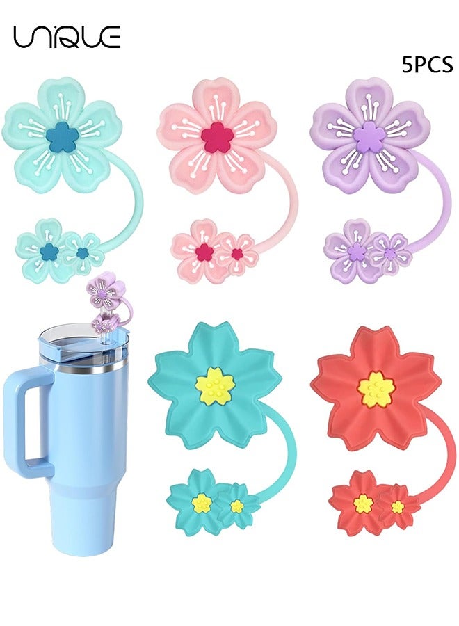 Unique 5 PCS Dustproof Straw Cap, Reusable Silicone Straw Lid Protector,Cartoon Pattern Plugs,for 0.4"/10mm Straw Fitting (Flowers) - Image 1