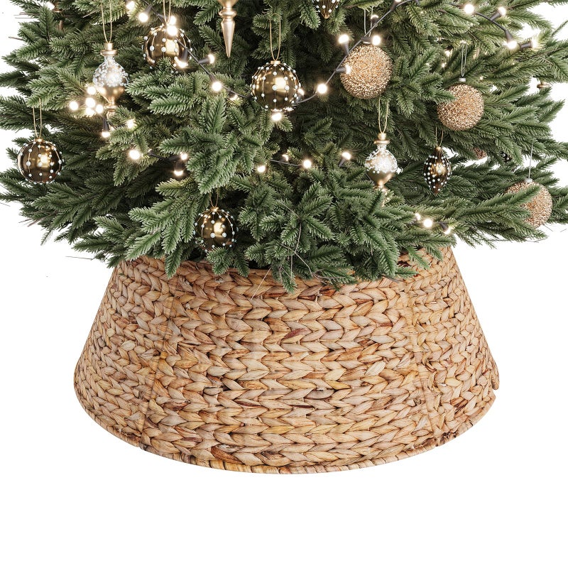 ELYKEN 28Inch Woven Rattan Christmas Tree Collar Stylish Hyacinth 5Piece Tree Skirt for Artificial Trees Wicker Tree Base Cover with Cord CutOut for Home Decor Living Room Display Natural