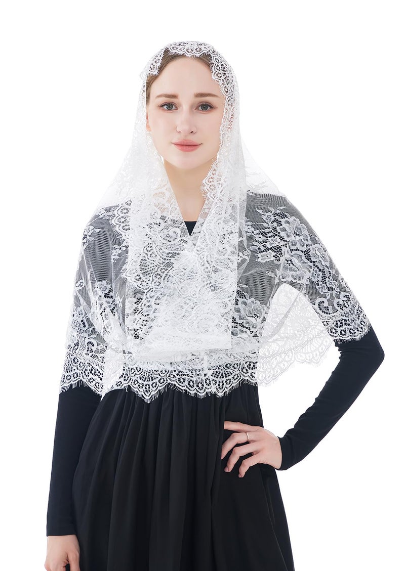 Wgior Spanish Infinity Veils for Church Lace Chapel Veils Catholic Church Veil Latin Mass Head Covering Scarf Mantilla (White) - Image 4