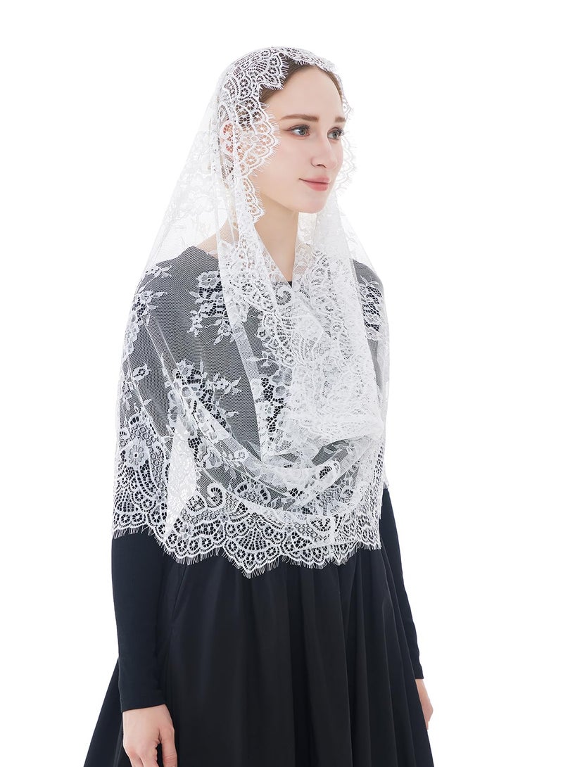 Wgior Spanish Infinity Veils for Church Lace Chapel Veils Catholic Church Veil Latin Mass Head Covering Scarf Mantilla (White) - Image 2
