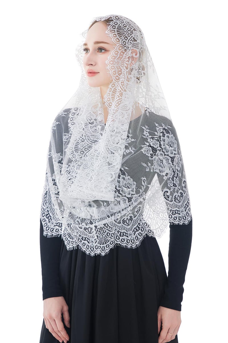 Wgior Spanish Infinity Veils for Church Lace Chapel Veils Catholic Church Veil Latin Mass Head Covering Scarf Mantilla (White) - Image 3