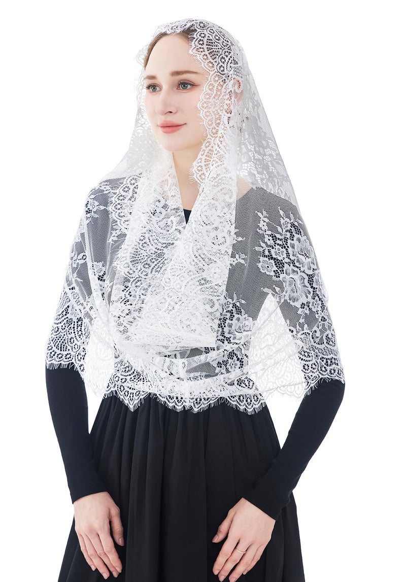 Wgior Spanish Infinity Veils for Church Lace Chapel Veils Catholic Church Veil Latin Mass Head Covering Scarf Mantilla (White) - Image 5