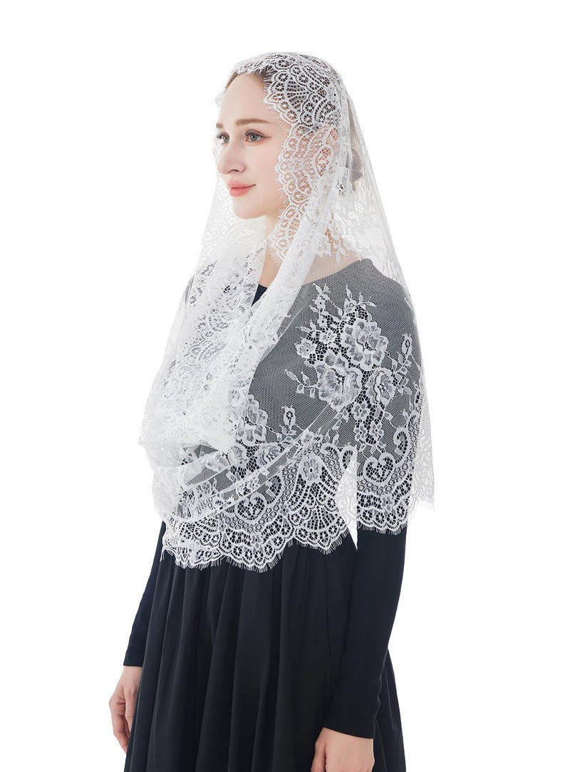 Wgior Spanish Infinity Veils for Church Lace Chapel Veils Catholic Church Veil Latin Mass Head Covering Scarf Mantilla (White) - Image 1