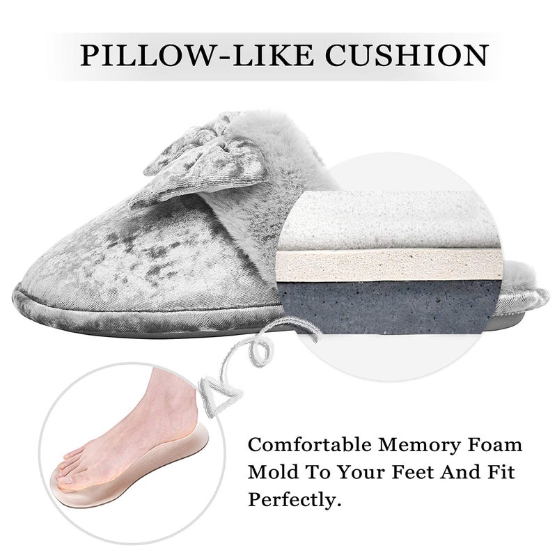 DL Womens-House-Slippers-Memory-Foam, Fluffy Velvet Slip on Scuff Slippers for Women Indoor, Warm Furry Ladies Bedroom Slippers with Non Slip Outsole Pink Gray - Image 3