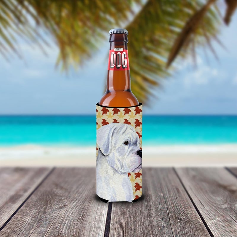 Caroline's Treasures Caroline's Treasures SS4347MUK Boxer White Fall Leaves Portrait Ultra Hugger for slim cans Can Cooler Sleeve Hugger Machine Washable Drink Sleeve Hugger Collapsible Insulator Beverage Insulated Holder  - Image 1