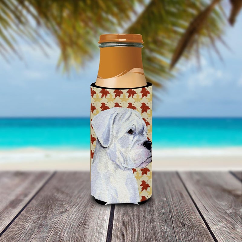 Caroline's Treasures Caroline's Treasures SS4347MUK Boxer White Fall Leaves Portrait Ultra Hugger for slim cans Can Cooler Sleeve Hugger Machine Washable Drink Sleeve Hugger Collapsible Insulator Beverage Insulated Holder  - Image 2