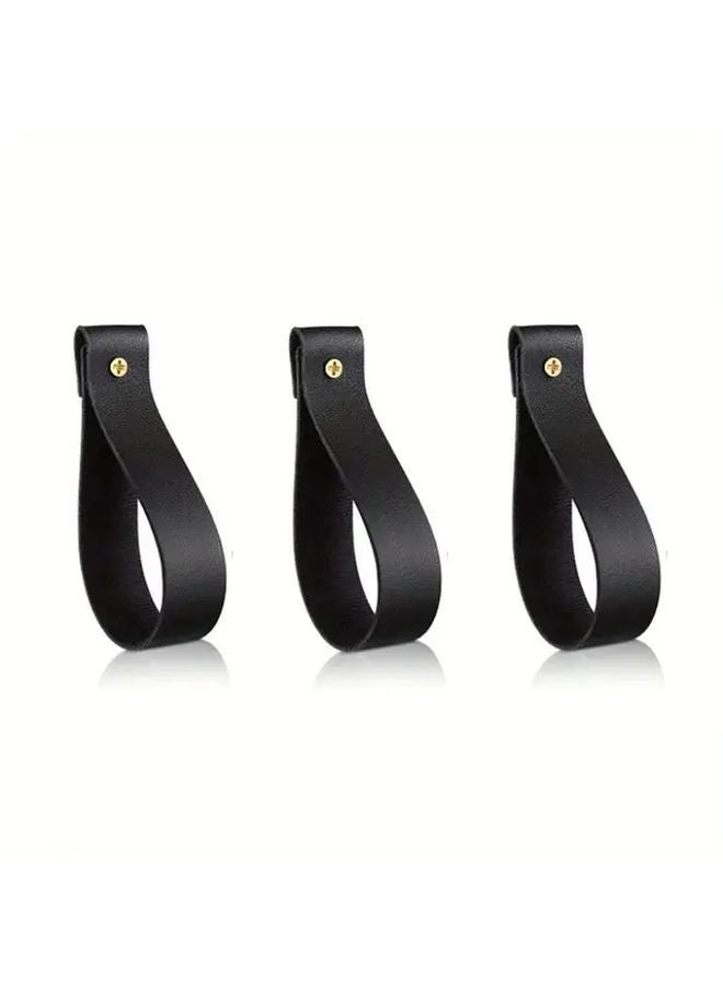 Black Vintage Style Faux Leather Curtain Rod Holder 3pcs With Golden Tone Mounting Bracket - Image 1