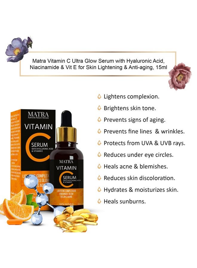 Matra Vitamin C Face Serum With Hyaluronic Acid, Niacinamide & Vit E For Ultra Glow, Skin Brightening & Anti-Aging, 15Ml - Image 2
