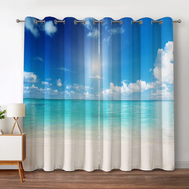 Jekeno Ocean Beach Blackout Curtains Tropical Blue Sky Cloud Sunshine Seascape Ocean Decor for Bedroom Living Room Grommet Window Drapes 2 Panel Set 52x63