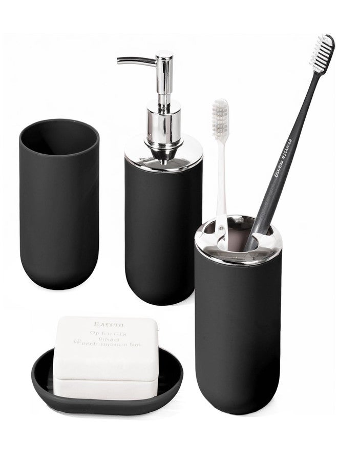 RRM Bathroom Accessory Set, 4 Pcs Plastic Bathroom Set Include Soap Dispenser, Soap Dish, Toothbrush Holder, Mousewash Cup, Modern Bahtroom Décor Set, Space Save for Bathroom(Black) - Image 1
