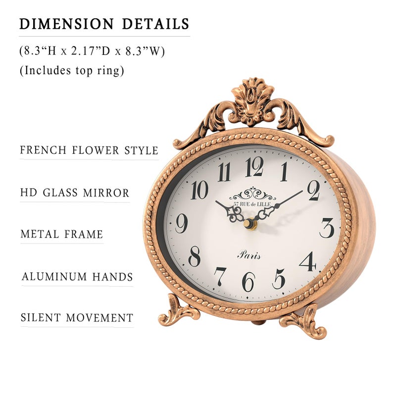 Abdurey Vintage Table Clock on Stand,Desk and Shelf Decorative Clock,French Rustic Style Mantel Clocks,Metal Frame Antique Gold Finish,Farmhouse,Bedroom, Bedside,Living Room,Gift Clocks - Image 2