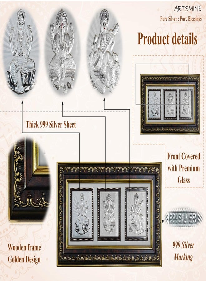ARTSMINE Pure 999 Silver Trimurti Table Top & Wall Frame – Ganesh Lakshmi Saraswati Design|Certified Silver Art|Premium Finish|Table Top & Wall Mount – 1 × Unit - Image 4