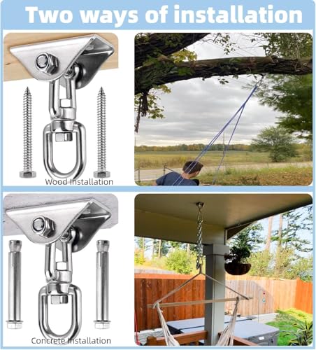 Mornihima Swing Hanger for Wooden & Concrete Swing Set, 2000LB Capacity Hammock Hanger 360°Rotate Stainless Steel Swing Hammock Hanging Kit Hardware, Heavy Duty Swing Brackets for Porch Playground Yoga-2 Packs - Image 5