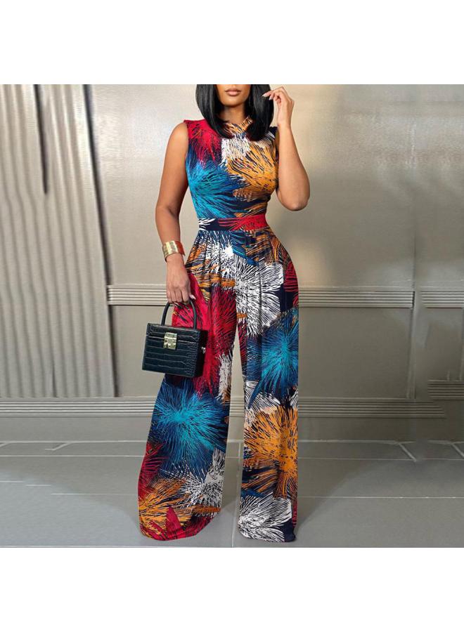 Summer New Products European And American Hot Casual Straight Jumpsuit Slim-fit Printed Sleeveless Pants Women's Clothing 