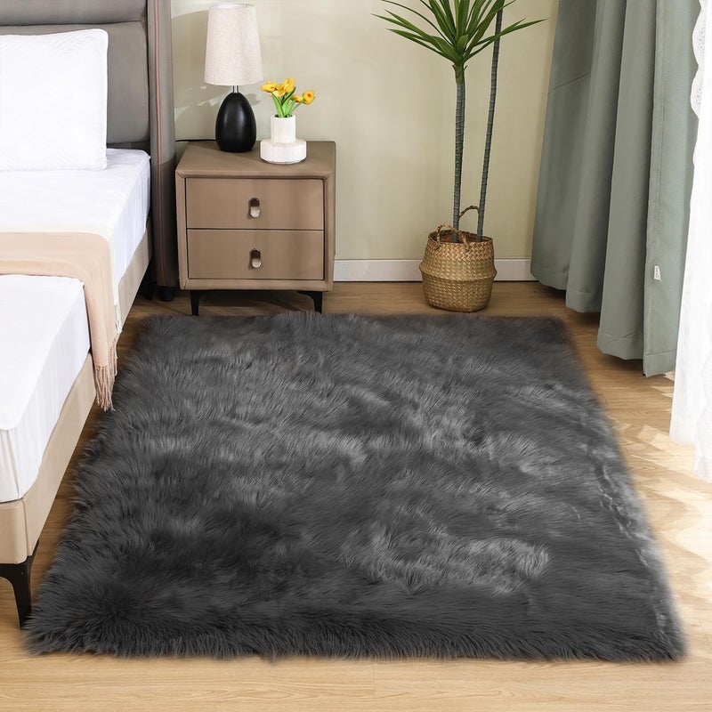 Latepis 4x6 Shag Dark Grey Faux Fur Sheepskin Rug Bedside Plush Rugs Washable Fluffy Rug for Bedroom Dorm Luxury Home Dcor Rectangle - Image 2