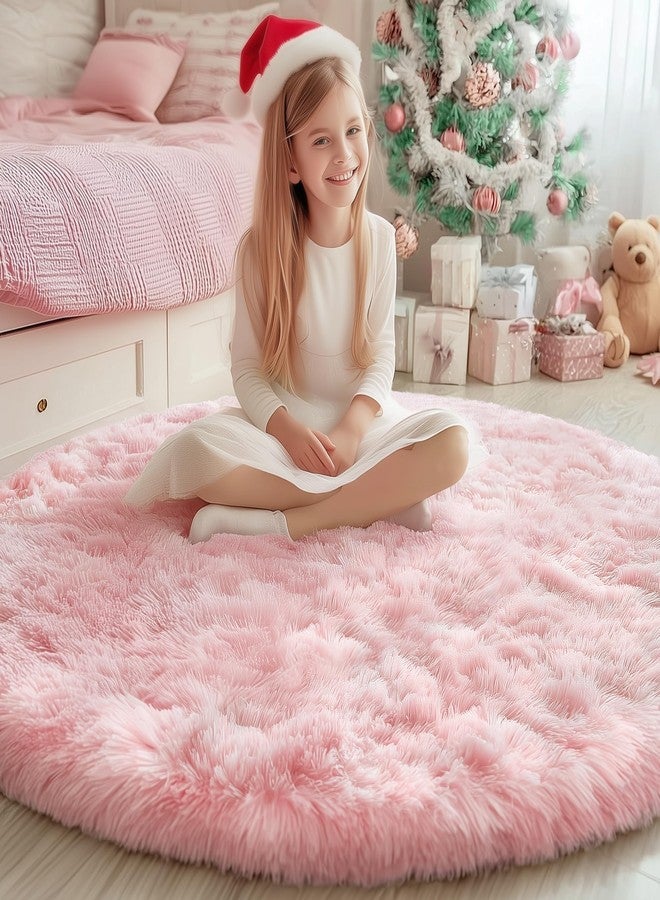 PAGISOFE Pink Round Rug 4Ft for Girls Room Kids Bedroom, Fluffy Shaggy Soft Fuzzy Circle Area Rugs for Girls Bedroom Kids Home Decor Aesthetic, Plush Furry Throw Cute Baby Girl Nursery Room Rug - Image 1